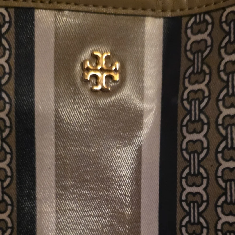 Tory Burch Gray Logo Canvas Tote with Center Stripe
